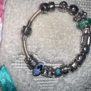 Pandora Silver and Blue Charm Bracelet 17 charms